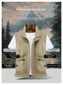 Detail view of khaki tactical vest featuring multi-pocket design and water-resistant fabric