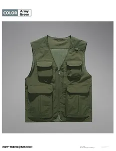 Detail of army green tactical vest showing multi-pocket design and breathable mesh lining