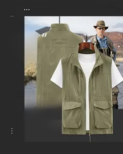 Detail of multi-pocket functional vest featuring a stand collar and metal zipper closure