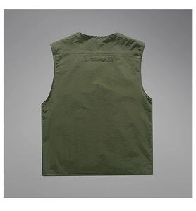 Rear view of army green cargo vest showing fabric texture and hanging loop detail