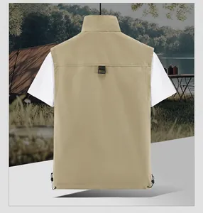 Rear view of outdoor utility vest in khaki with adjustable drawstring and back seams