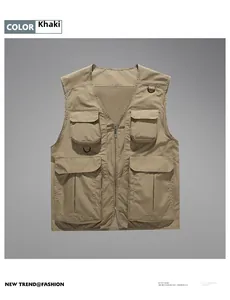 Macro shot of khaki utility vest featuring multiple cargo pockets and zipper