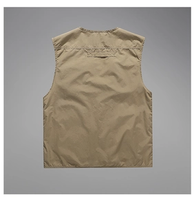Rear view of outdoor utility fishing vest in khaki with windproof fabric and neck loop