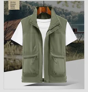 Detail of army green outdoor utility vest showing zipper pockets and high collar design