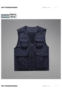 Detail of navy blue multi-pocket cargo vest with durable zippers and breathable mesh lining
