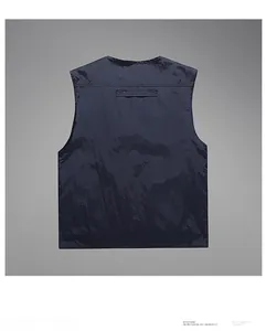Rear view of deep blue outdoor fishing vest showing durable fabric and horizontal stitching