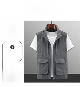 Detail view of quick-dry fishing vest with stand collar, zipper and four flap pockets