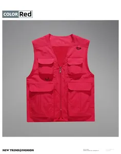 Detail view of red multi-pocket fishing vest with zipper closure and breathable mesh lining