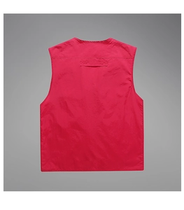 Rear view of red utility vest featuring multi-pocket design and lightweight tech fabric