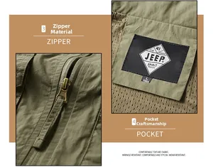 Detail of army green cargo vest showing mesh lining, metal zipper and brand neck label