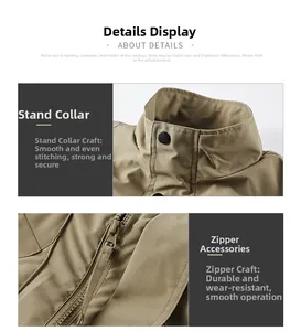 Close-up of khaki utility vest featuring a stand collar and smooth zipper with puller