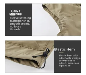 Detail of high-quality stitching on armhole and adjustable hem with plastic drawstring buckle