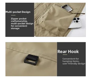 Detail of multi-pocket design and rear D-ring hook on khaki tactical outdoor utility vest