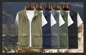 Detail view of multi-pocket outdoor utility vests in five colors for fishing and hiking