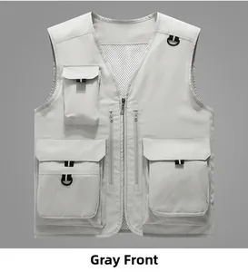 Vue détaillée du gilet de plein air gris clair avec multipoches et maille respirante