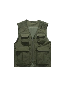 Men Outdoor Multi-Pocket Fishing Vest Cargo Photography Vest Breathable Mesh Lining Zipper Front Sleeveless Jacket Top