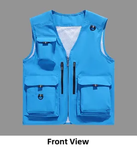 Détail du gilet utilitaire bleu lac à col en V avec poches et doublure en maille aérée