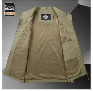 Close-up of khaki vest interior with breathable mesh lining and inner pocket detail