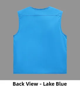 Vue arrière du gilet de photographie extérieur en bleu lac avec un design minimaliste