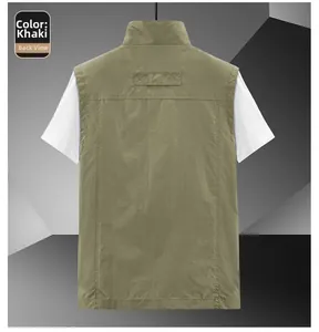 Rear view of khaki lightweight outdoor vest featuring multi-pocket cargo style and stand collar
