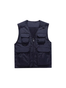 Outdoor fishing vest in navy blue with multi-pocket design and breathable mesh lining