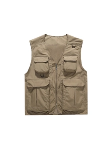 Khaki outdoor tactical fishing vest with multi-pocket design and breathable mesh lining