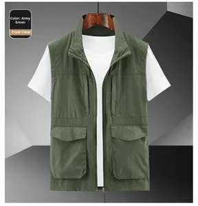 Detail of army green outdoor vest showing zipper and embossed logo on the chest pocket