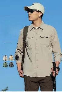 Detail of classic long-sleeve cargo shirt featuring dual chest pockets and durable fabric