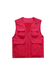 Outdoor red multi-pocket fishing vest with V-neck zipper closure and utility D-rings
