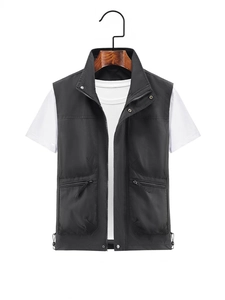 Outdoor utility vest in black with multiple pockets and zipper for men's leisure