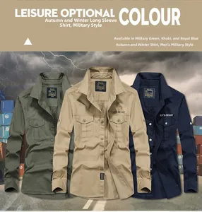 Detailansicht der Baumwoll-Militärhemden mit doppelten Brusttaschen in Oliv, Khaki und Blau