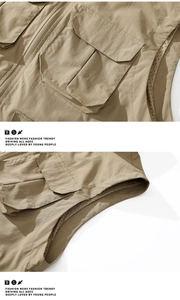 Detail der atmungsaktiven Netzfutter und robusten Taschen am khakifarbenen Arbeitsweste