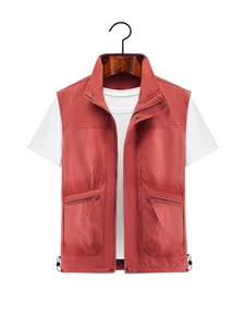 Men's outdoor utility vest in dark red with multi-zipper pockets and adjustable hem