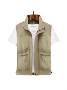 Men's khaki multi-pocket outdoor vest with stand collar and zipper for casual wear