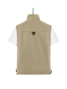Outdoor khaki multi-pocket tactical vest with high stand collar and drawstring back view