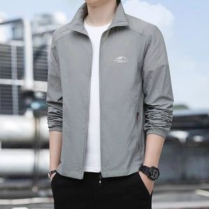 Men's lightweight sun protection outdoor jacket in light grey with stand collar design