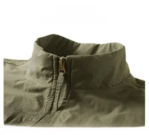Detailed close-up of olive green stand collar with bronze zipper and reinforced stitching