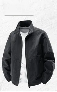 Front view of a men's black stand-collar windbreaker jacket with windproof fabric