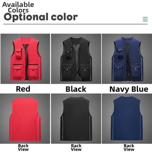 Detailed view of quick-dry mesh fishing vest in red, black, and navy with reflective strips