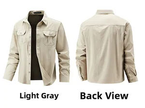 Front and back views of light grey long sleeve work shirt with double chest pockets