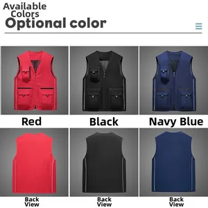Front and back views of multi-pocket outdoor mesh vests in red, black and navy blue