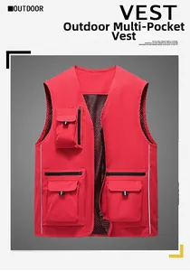 Detail of red outdoor multi-pocket vest featuring breathable mesh back and durable fabric