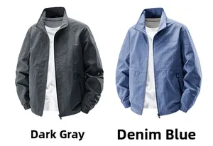 Detail of lightweight windproof jackets in dark grey and denim blue with stand collar