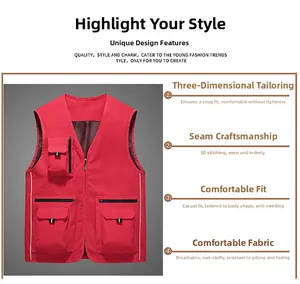 Detail view of red outdoor fishing vest showing multi-pocket design and breathable mesh lining