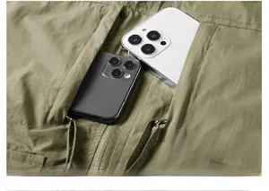 Close-up of olive green fishing vest featuring dual large zip pockets for mobile phones