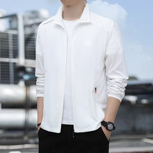Men's white lightweight sun protection jacket with standing collar for outdoor activities