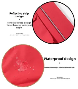 Detail of red waterproof fabric with reflective safety strips and stitching on vest
