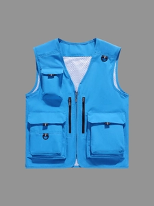 Gilet de Photographie Multi-Poches Extérieur pour Hommes Doublure en Maille Respirante Pêche Col en V Travail Décontracté Top