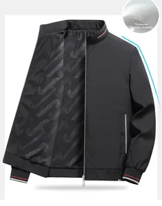 Detail of black casual jacket with padded shoulders and striped ribbed knit stand collar