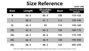 Detailed size chart for quick-dry fishing vest with measurements from size M to 5XL
